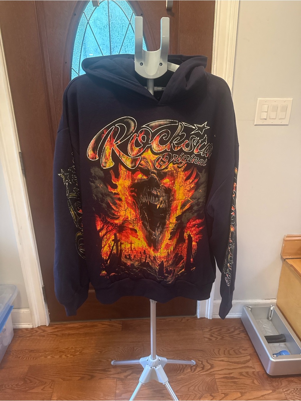 Rockstar Original Men's Black Crewneck Sweatshirt with Flame Skull Graphic